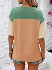 Mandy T-Shirt with color block pattern in green, camel, and cream waffle knit fabric.