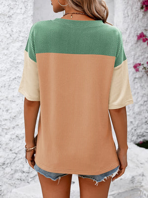 Mandy T-Shirt with color block pattern in green, camel, and cream waffle knit fabric.