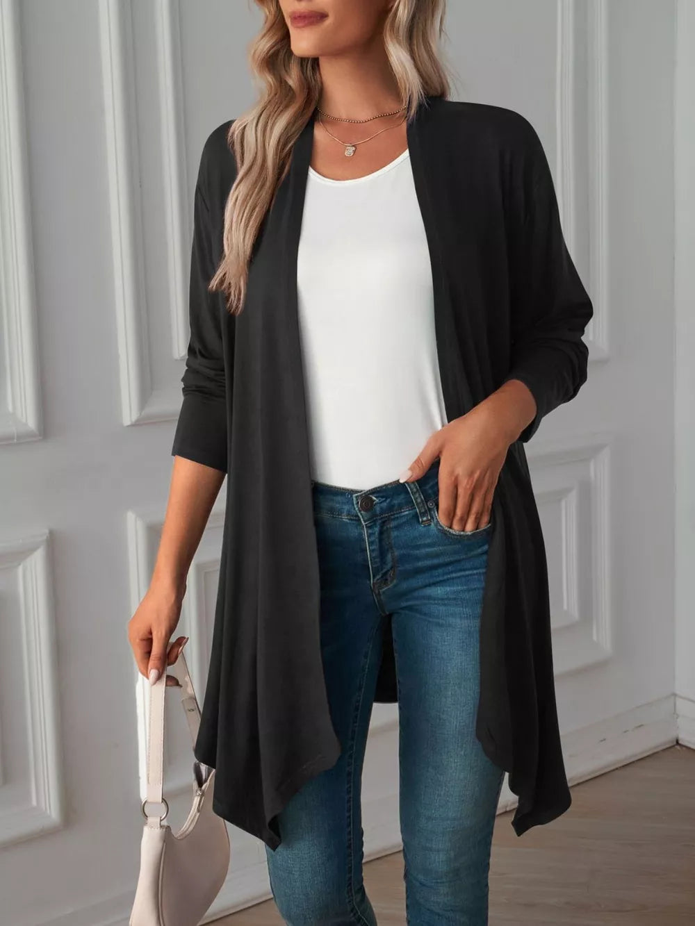 65% rayon, 30% polyester, 5% spandex Care instructions: Machine wash cold cardigan in Dark Blue with relaxed silhouette