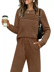 Casual Long Sleeve Crewneck Top & Drawstring Pants Set