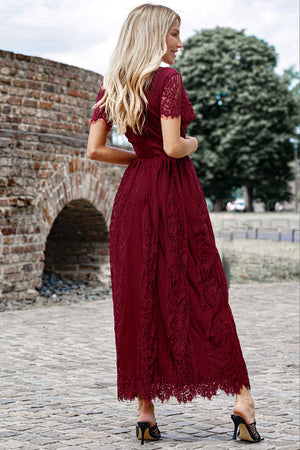 Wine lace midi dress with short sleeves, scalloped hem, and cinched waist.