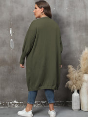 Oversized knit duster cardigan in army green with long sleeves and ribbed cuffs.