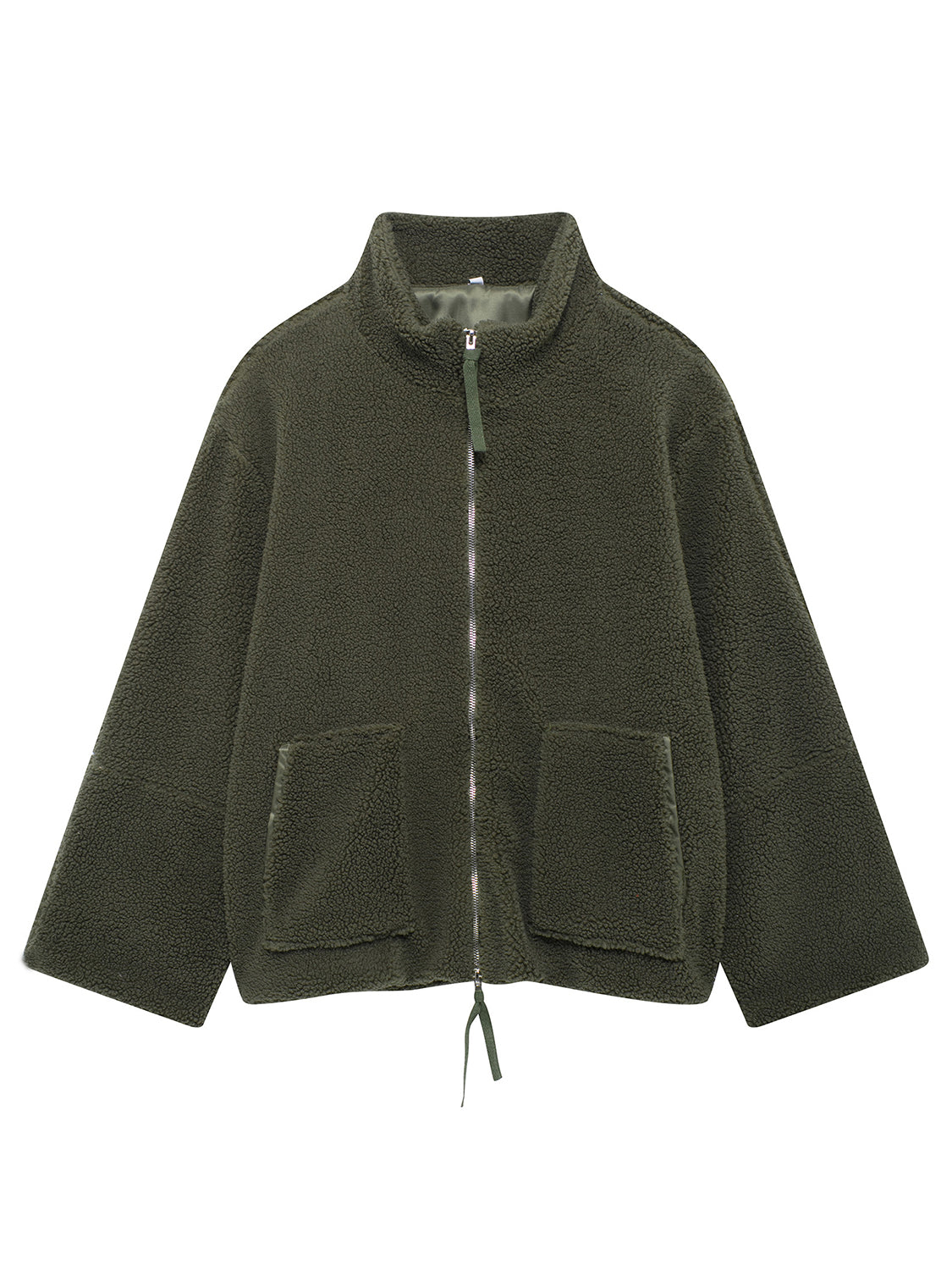 Olive green sherpa jacket with stand collar, zip front, and two patch pockets.