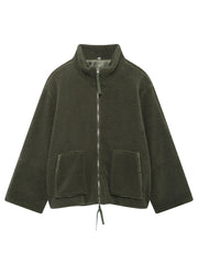 Olive green sherpa jacket with stand collar, zip front, and two patch pockets.