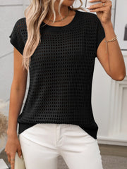 Black openwork knit crewneck top with short sleeves and a relaxed fit.
