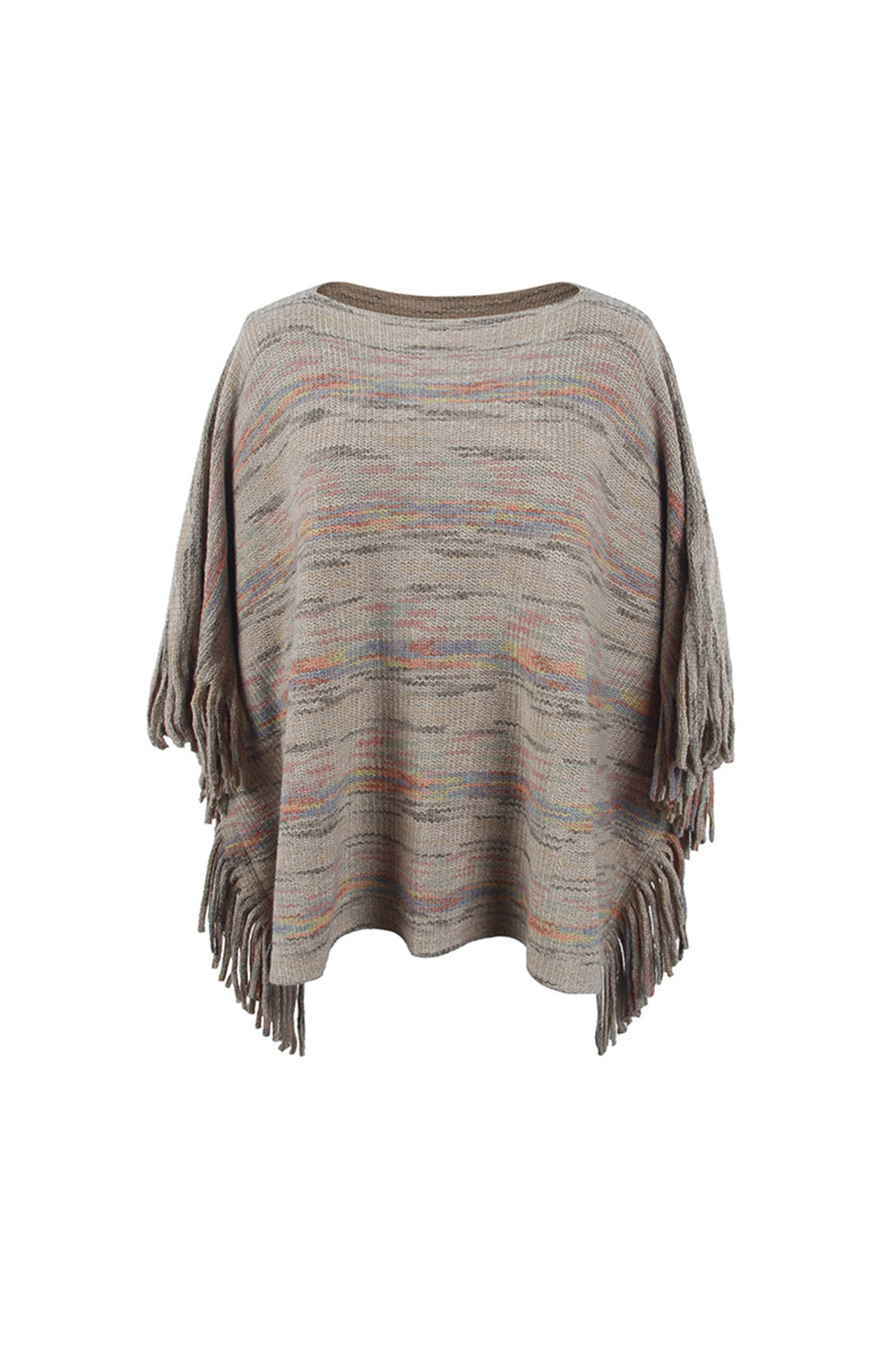 Multicolor knit poncho with fringe details and a boat neck.