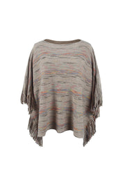 Multicolor knit poncho with fringe details and a boat neck.
