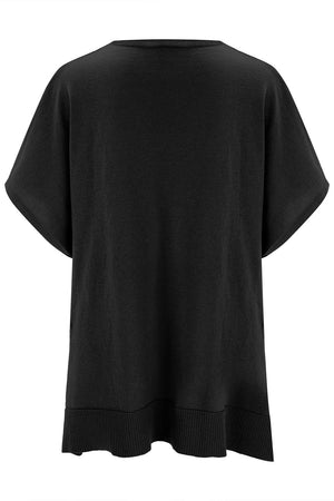 Black relaxed V-neck knit poncho top with short sleeves and ribbed hem