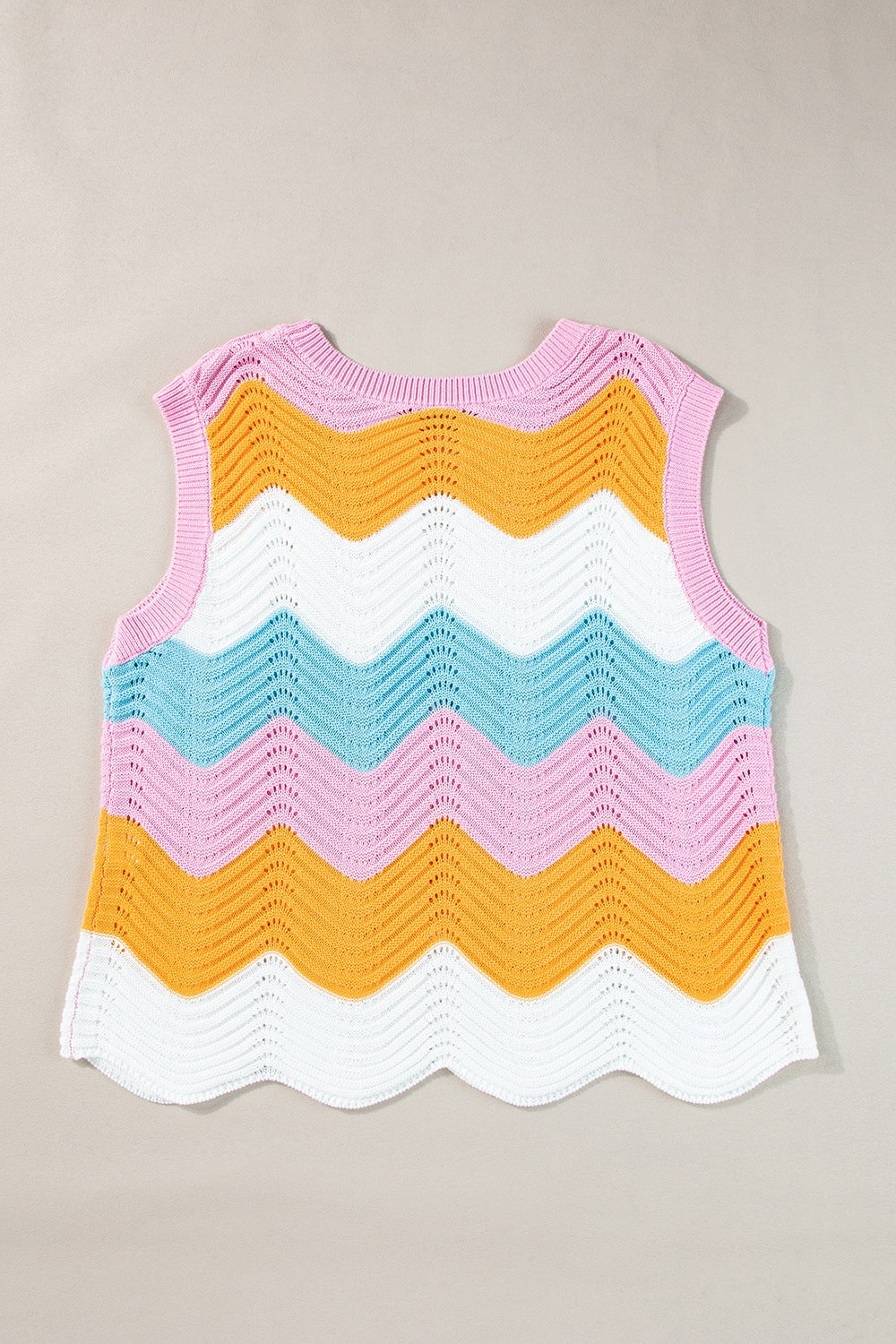 Chevron knit tank top with pink, yellow, white, and blue stripes.