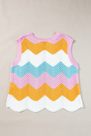 Chevron knit tank top with pink, yellow, white, and blue stripes.