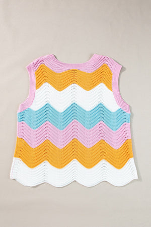 Chevron knit tank top with pink, yellow, white, and blue stripes.