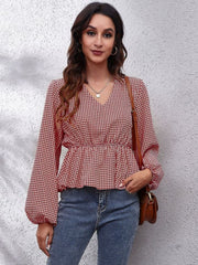 Red and white houndstooth peplum blouse with gathered waist and V-neck