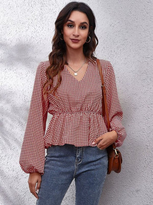 Red and white houndstooth peplum blouse with gathered waist and V-neck
