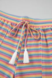 Rainbow striped ribbed lounge shorts with drawstring and white tassels