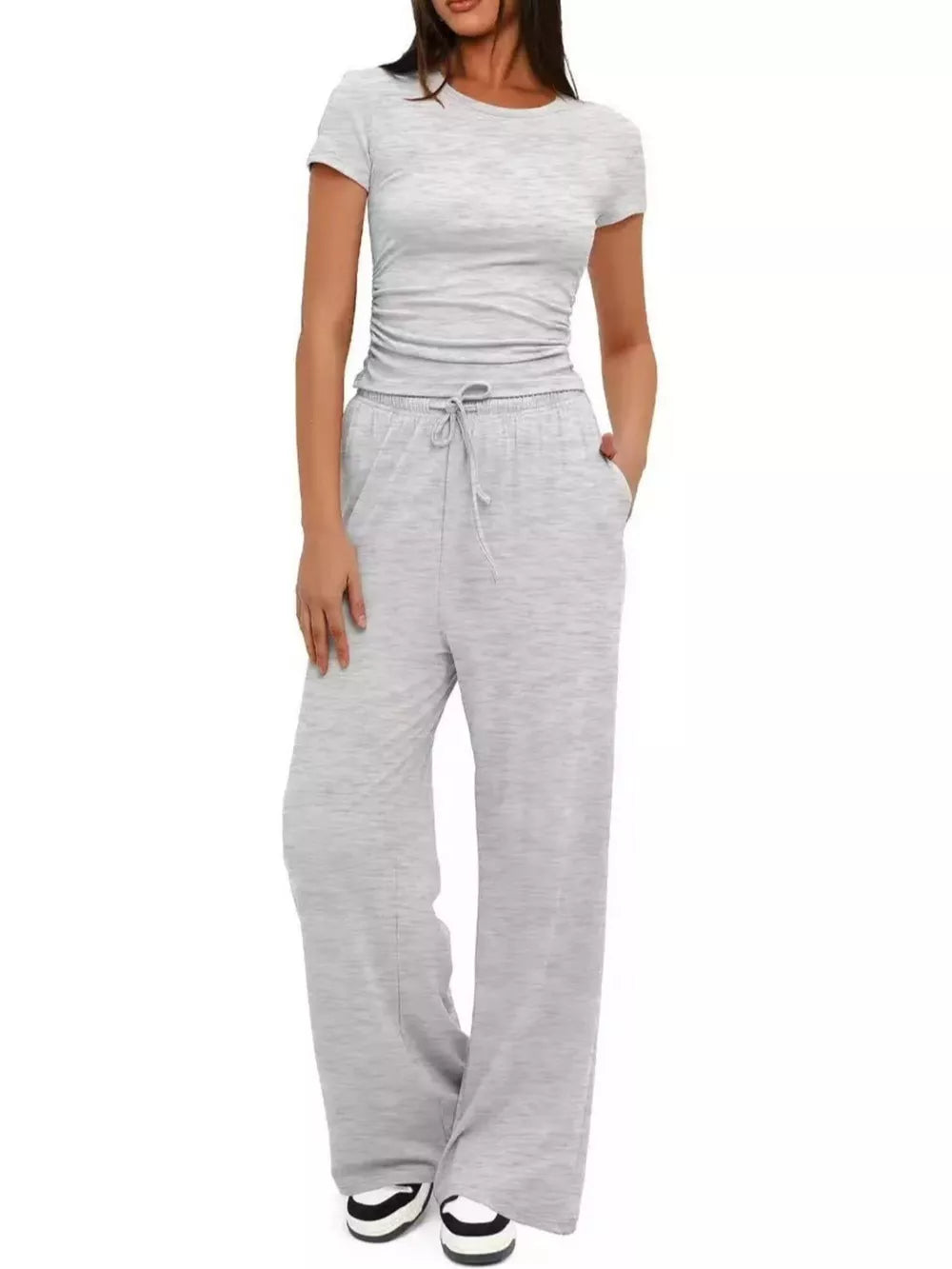 Ruched Short-sleeve Pants in Khaki Color, front view