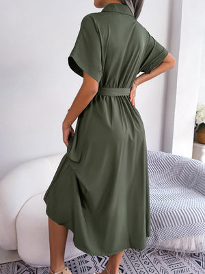 Army green button-down midi dress with short sleeves and tie belt.