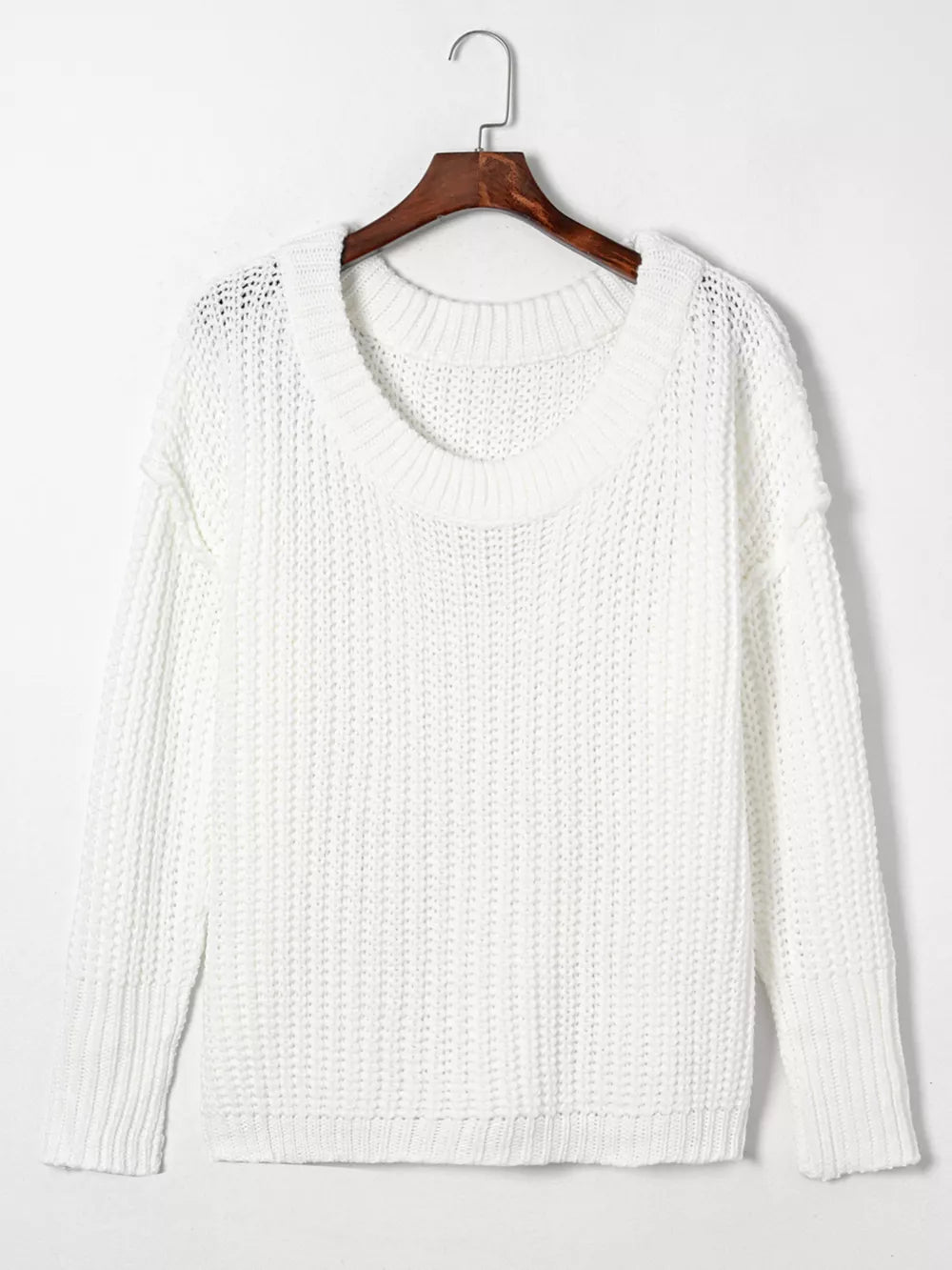 Ribbed Knit Round Neck Chunky Sweater in White, fabric detail