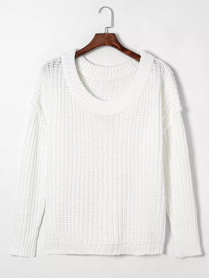 Ribbed Knit Round Neck Chunky Sweater in White, fabric detail