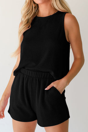 Black ribbed tank and shorts set with elastic waist and pockets