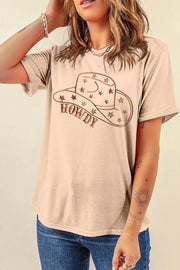 Tan graphic tee with a cowboy hat and Howdy text, short sleeves, crew neck