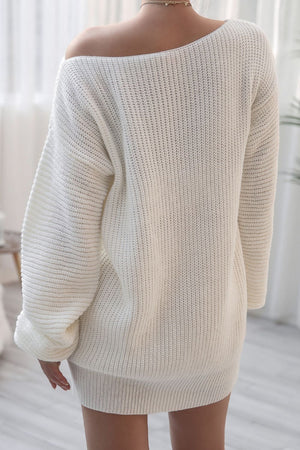 Off-the-shoulder ribbed knit mini dress in white, acrylic, with long sleeves and a boat neckline.
