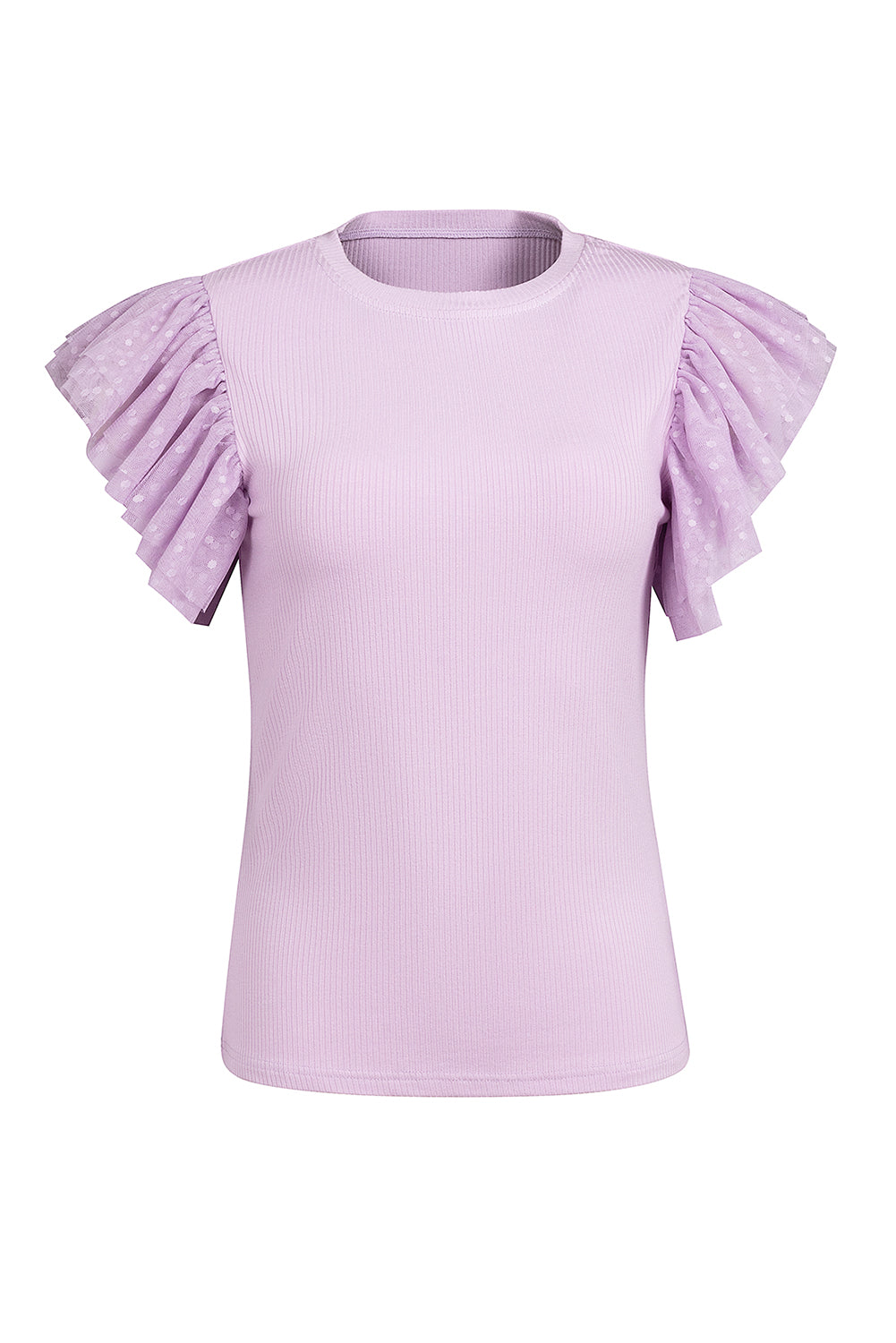 Lavender ribbed blouse with sheer puff sleeves featuring a polka dot pattern.