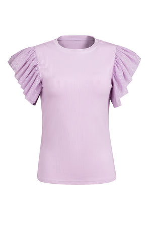 Lavender ribbed blouse with sheer puff sleeves featuring a polka dot pattern.