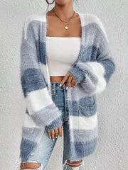 Textured stripe open front cardigan with fuzzy trim and pockets.