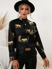 Black leopard print blouse with mock neck and keyhole detail