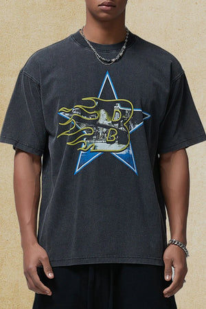 Black vintage graphic tee with a star and flame design.