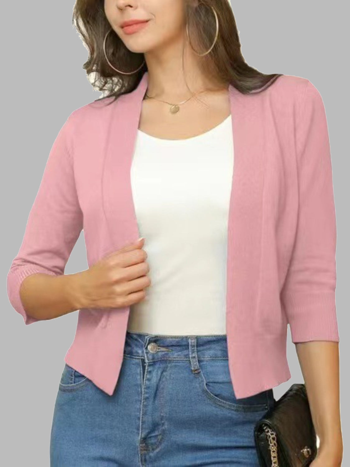 Open-front cropped cardigan in Dusty Pink with elbow sleeves and a casual cut.