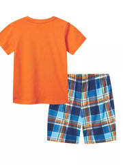 Orange cotton t-shirt and blue plaid shorts pajama set for toddlers.