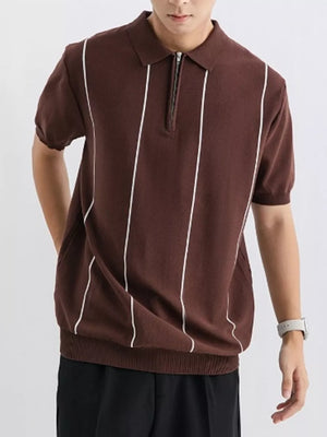 Men's brown knit zip polo shirt with white vertical stripes