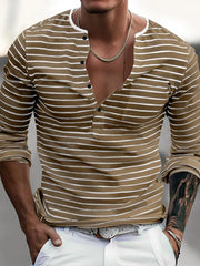 Men's Full Size Striped Long Sleeve Henley T-shirt in White, fit detail