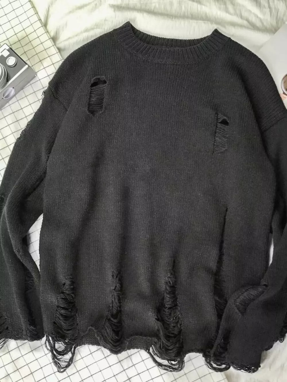 Men's Distressed Round Neck Sweater in Black, side view