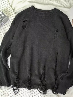 Men's Distressed Round Neck Sweater in Black, side view