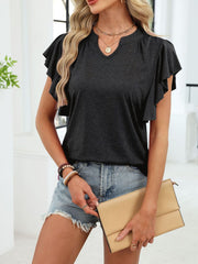 Gray ruffled sleeve notched v-neck tee with a casual fit.