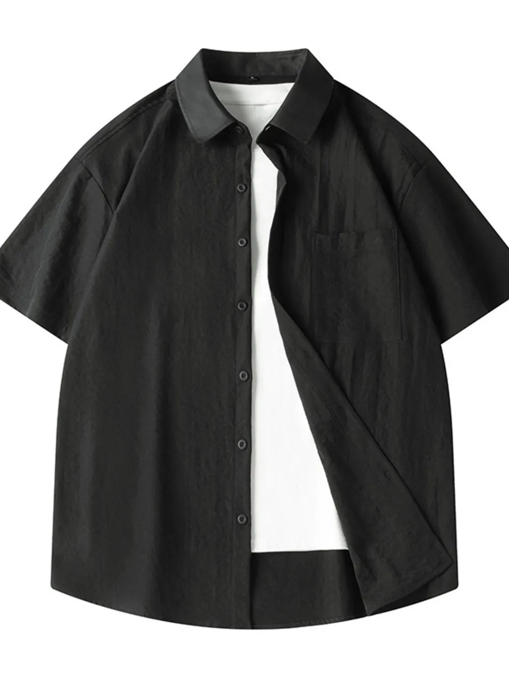 Black short sleeve button-up shirt with pocket, worn over a white t-shirt.
