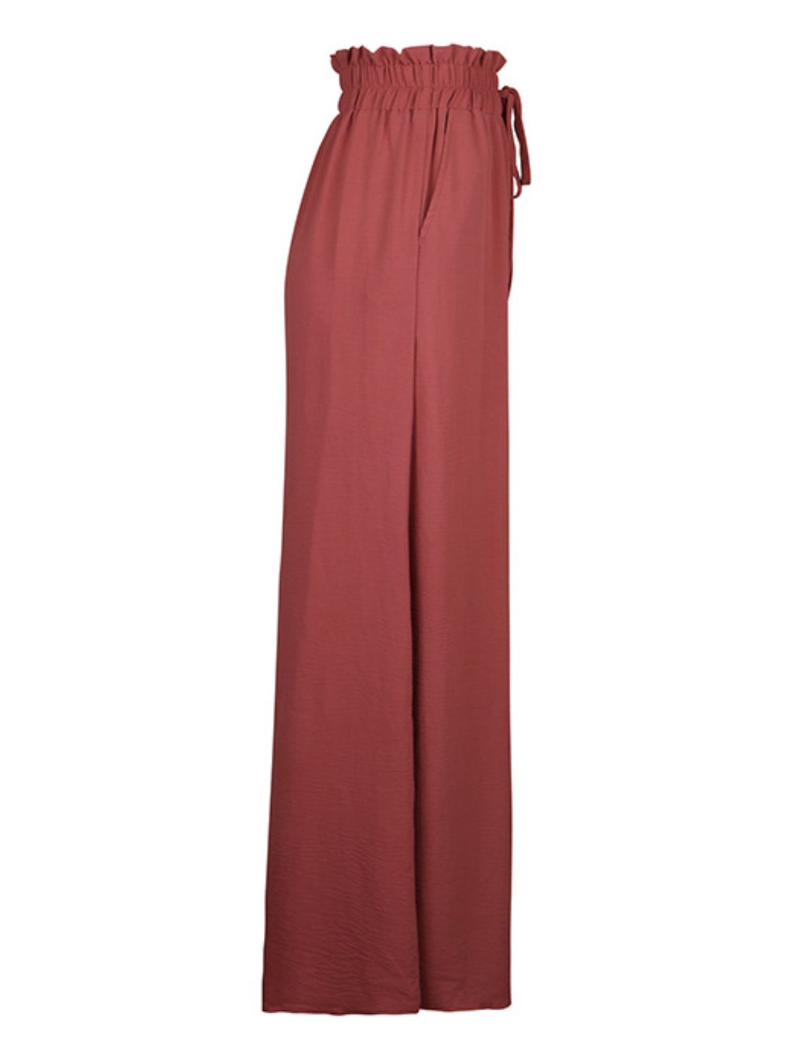 Ruffled waist palazzo trousers in rust with a drawstring and wide leg.