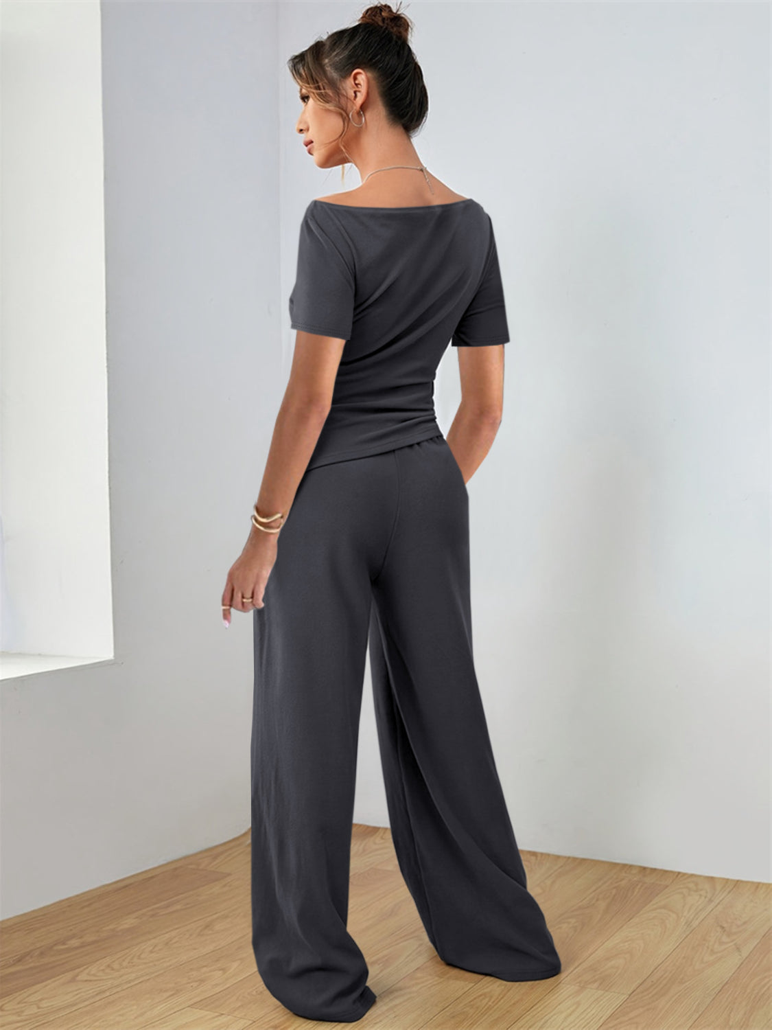 Boat neck jersey co-ord set in dark gray with wide leg pants and short sleeves