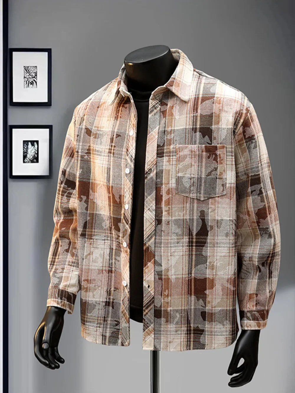 Heritage Plaid Long Sleeve Button-up Shirt in brown with a classic collar and chest pocket.