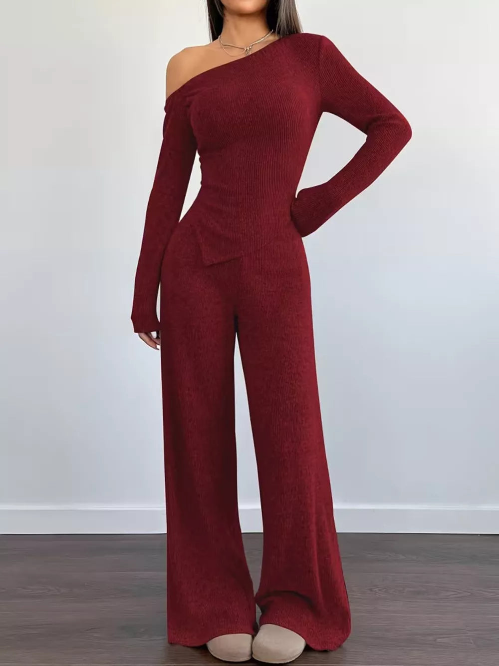 Chic One-shoulder Asymmetrical Top & Wide-leg Pants Set in Burgundy, editorial view
