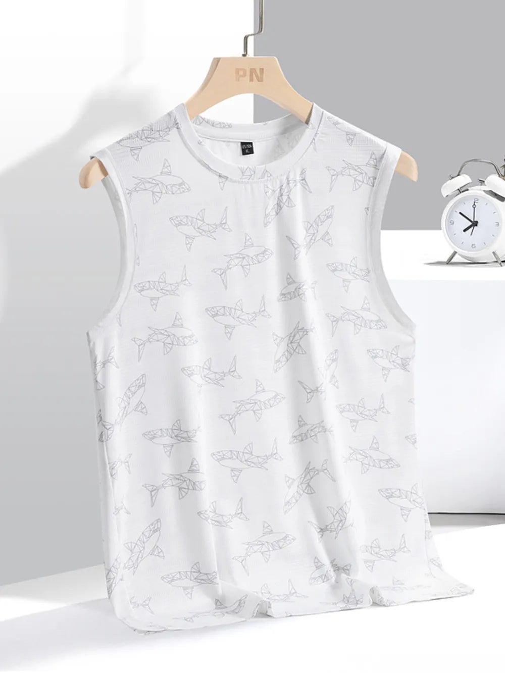 Men's white polyester tank top with all-over geometric shark print and round neck.
