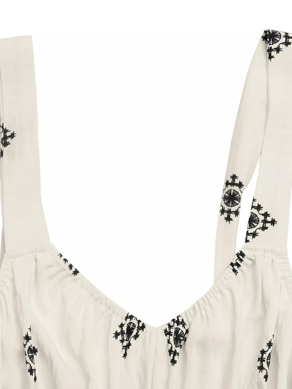 Cream midi dress with geometric print on wide straps and neckline