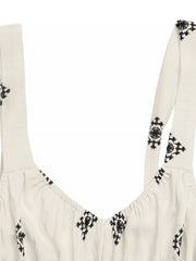 Cream midi dress with geometric print on wide straps and neckline