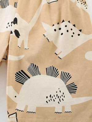 Toddler beige cotton two-piece outfit with a fun dinosaur print.