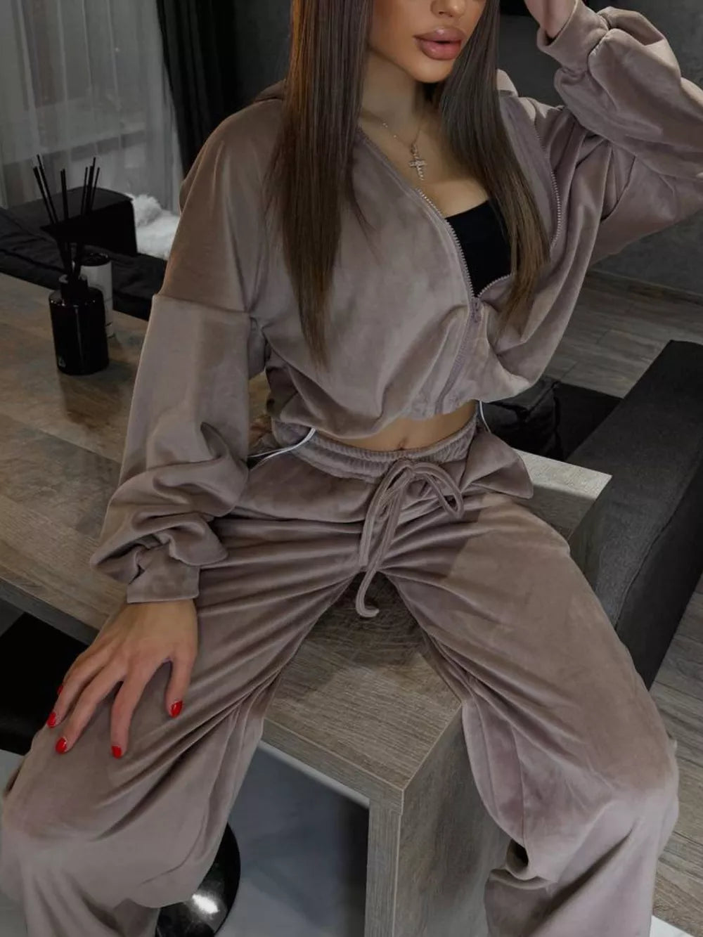 Zip Up Cropped Outerwear And Pants Set, model styling view