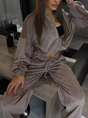 Zip Up Cropped Outerwear And Pants Set, model styling view