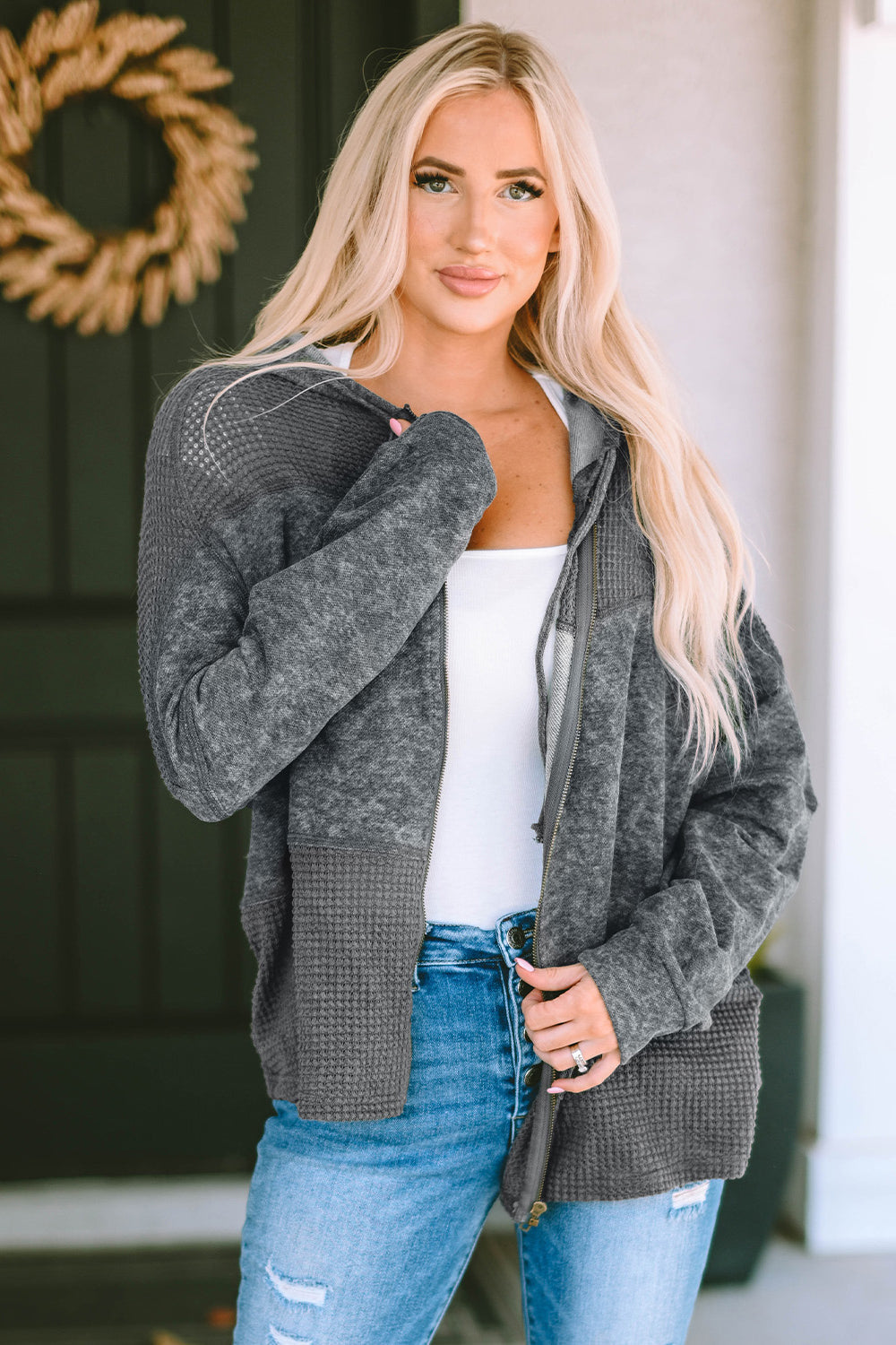 Colorblock knit zip-up hoodie in charcoal with waffle knit details and a relaxed fit.