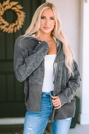Colorblock knit zip-up hoodie in charcoal with waffle knit details and a relaxed fit.